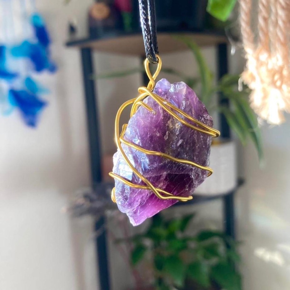 Rare genuine amethyst crystal chunky stone gold wire wrapped pendant necklace